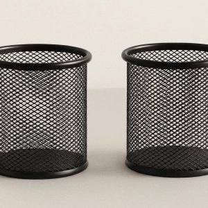 1 Mesh Metal Pen Holder for Desk Set of 2 Classic Round Pencil Cup for Office School and Home Stationery Organization Heavy Duty Black