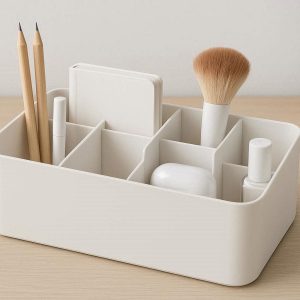 10 White Plastic Desktop Storage Box with Adjustable Dividers Minimalist Office Organizer for Stationery Makeup and Small Electronics Home Decor