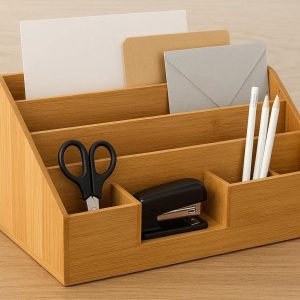 11 Natural Bamboo Desktop Organizer with 5 Compartments Eco Friendly Office Storage Caddy for Documents Mail and Stationery Accessories Wood