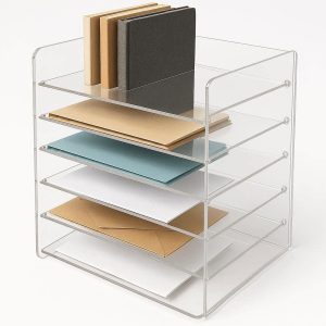 12 Clear Acrylic Desktop Organizer with 6 Tiers Vertical Office Supply Storage Rack for Notebooks Files and Envelopes Transparent Modern Design