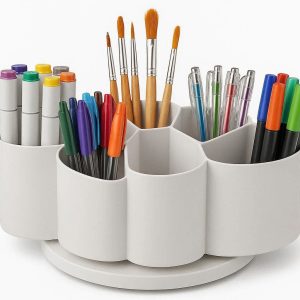 13 Rotating Desktop Organizer 360 Degree Spinning Office Supply Caddy for Art Supplies Markers Pens and Brushes with 5 Large Slots White