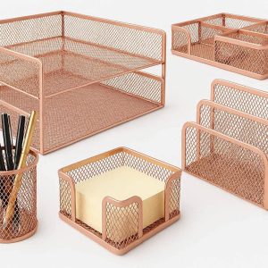 14 Rose Gold Mesh Desktop Organizer Set of 5 Decorative Office Accessories including Pen Holder Letter Tray and Sticky Note Holder for Women