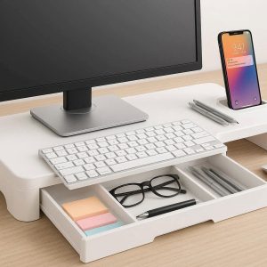16 Desktop Monitor Stand Riser with Storage Drawer and Phone Holder Ergonomic Office Desk Organizer for Computer Laptop and Stationery White