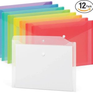 18 Clear Plastic File Folders with Snap Button Set of 12 Transparent Document Envelopes for Letter Size Paper and School Office Supplies Multi