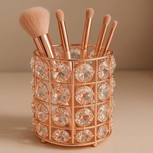 2 Rose Gold Crystal Pen Holder for Desk Luxury Makeup Brush Organizer Decorative Stationery Cup for Women Office Decor and Gift Bling Design