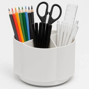 4 Rotating Pen Holder for Desk 360 Degree Spinning Pencil Organizer with 3 Compartments for Art Supplies Markers and Office Stationery White