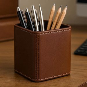 5 Square Leather Pen Holder for Desk Premium PU Leather Pencil Cup with Soft Velvet Lining for Office Stationery and Executive Desk Decor Brown