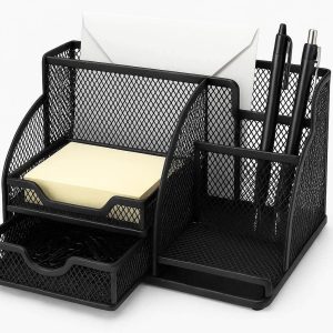 9 Multi Functional Desktop Organizer with Drawer Mesh Metal Office Supply Storage Caddy for Pens Notepads and Mail Accessories Space Saving Black